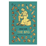 The BFG book cover with gold illustrations of a giant and jars on a teal background.