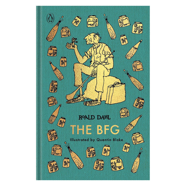 The BFG book cover with gold illustrations of a giant and jars on a teal background.