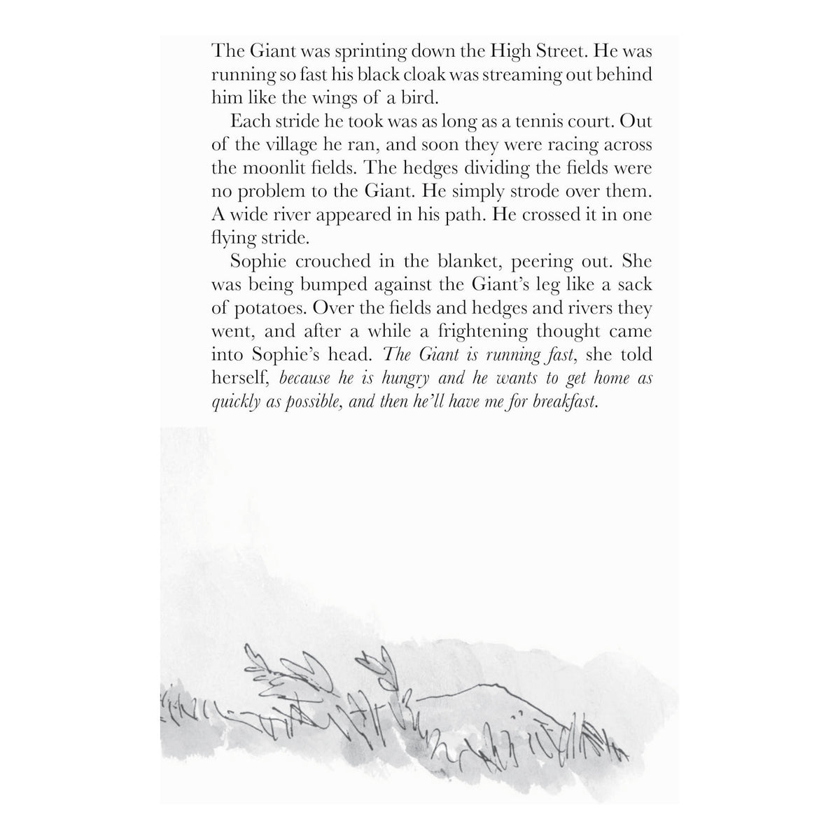 An inside page of The BFG book featuring text from the story and a small black-and-white illustration at the bottom.