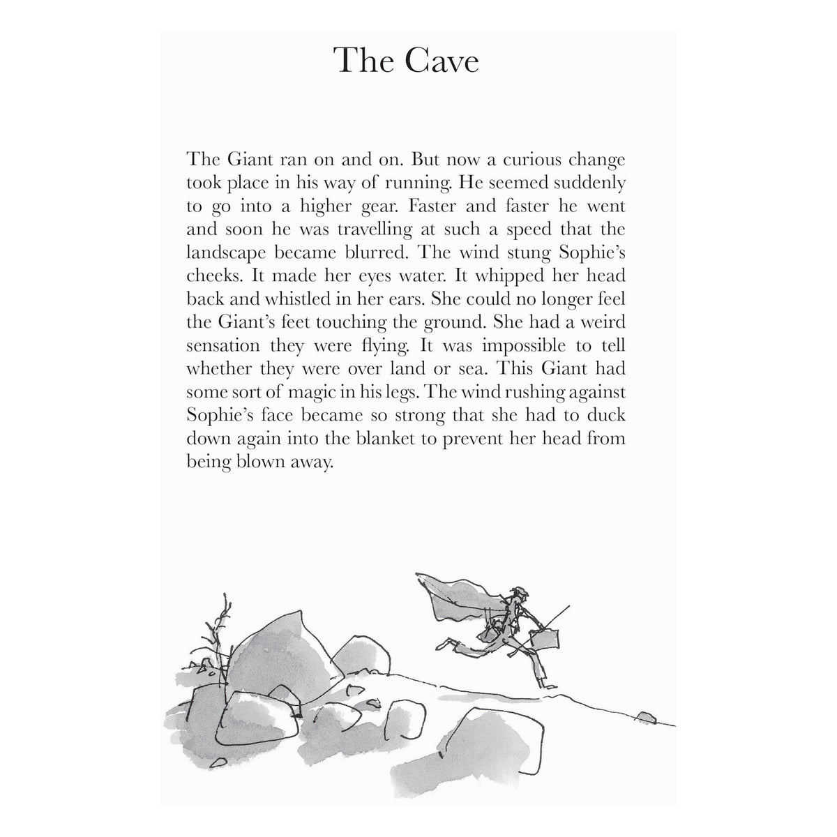 An inside page of The BFG under the heading "The Cave," featuring story text and a black-and-white illustration at the bottom.