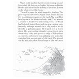 An inside page of The BFG book featuring text describing the journey over oceans and a desolate landscape, accompanied by a black-and-white illustration at the bottom.