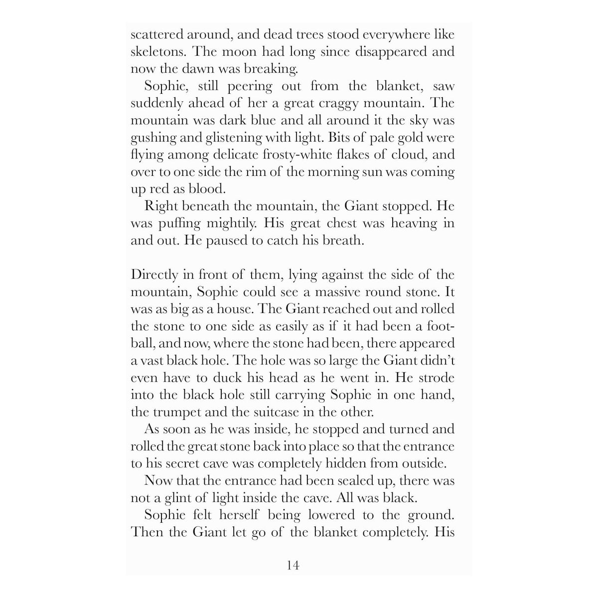 An inside page of The BFG numbered 14, containing paragraphs describing the giant rolling away a massive stone to reveal the cave entrance.