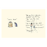 A mole sits facing a tall cake saying, "Well, hello." Next to it, a boy and the mole converse: "Do you have a favorite saying?" "Yes," the mole replies. "If at first you don’t succeed, have some cake." The boy asks, "Does it work?" "Every time," says the mole. The tone is whimsical and humorous.