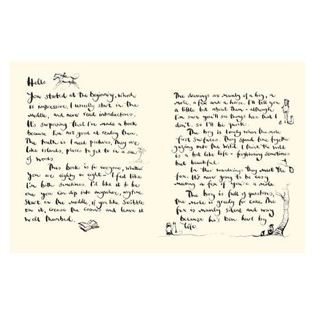 Two pages of handwritten text describe the start of a book. Small, whimsical sketches of a boy, animals, and nature add a playful, intimate tone.