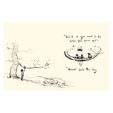 Ink drawing of a boy reaching for a tree branch, with text, "What do you want to be when you grow up?" and "Kind" said the boy, conveying warmth.