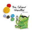 Book cover of The Colour Monster by Anna Llenas with a scribbled green monster holding a magnifying glass and colorful jars.