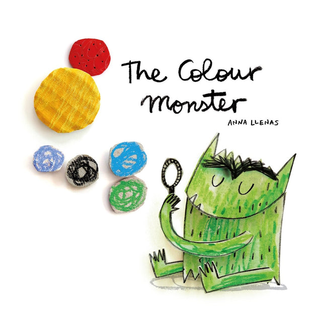 Book cover of The Colour Monster by Anna Llenas with a scribbled green monster holding a magnifying glass and colorful jars.