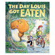 Cover of "The Day Louis Got Eaten" by John Fardell shows a large, friendly monster peeking from trees as two children ride bikes on a forest path. Playful tone.
