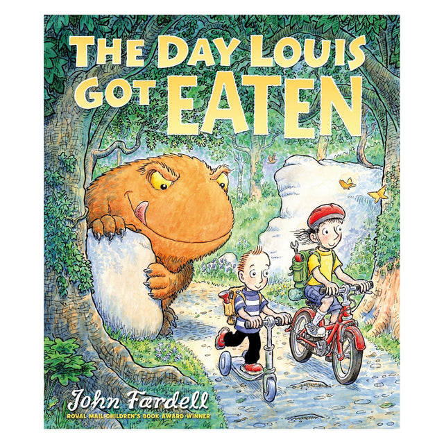 Cover of "The Day Louis Got Eaten" by John Fardell shows a large, friendly monster peeking from trees as two children ride bikes on a forest path. Playful tone.