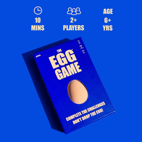 Blue box for "The Egg Game" showing game specs: 10 mins, 2+ players, ages 6+.