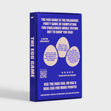Back of "The Egg Game" blue box showcasing game rules and sample egg-shaped challenge cards.