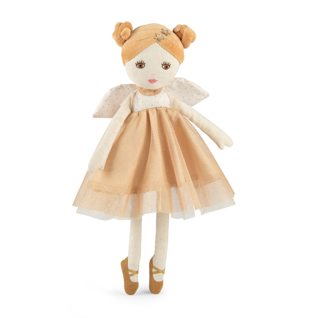 A soft doll with orange hair styled in buns, wearing a shimmering gold dress and polka-dot wings. It has a gentle and whimsical appearance.