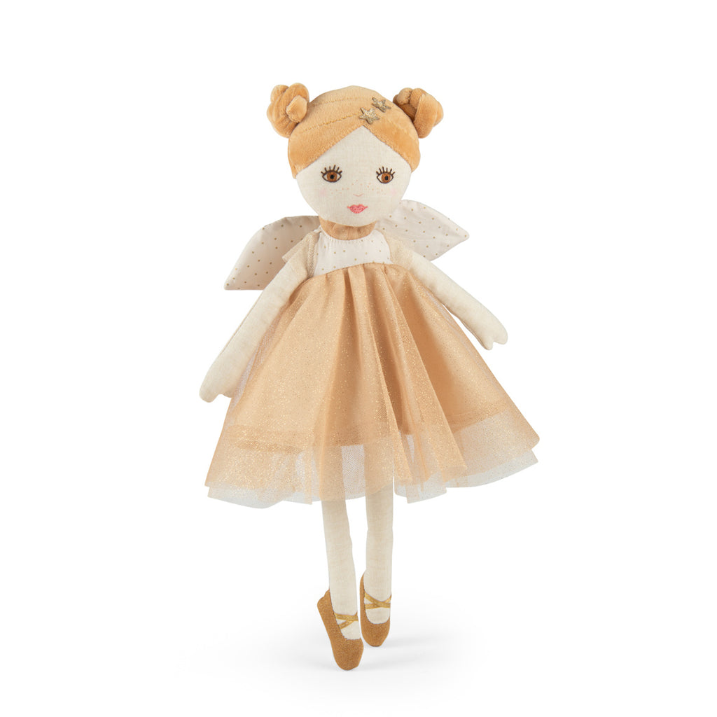 A soft doll with orange hair styled in buns, wearing a shimmering gold dress and polka-dot wings. It has a gentle and whimsical appearance.