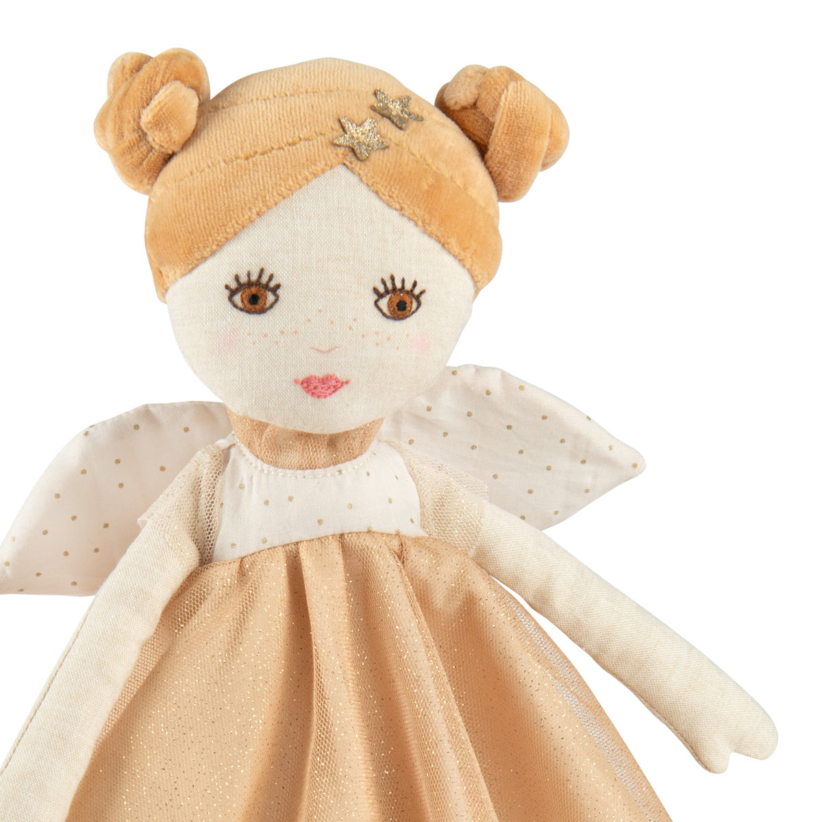 Plush fairy doll with blonde hair buns, gold star clips, and a sparkly dress.