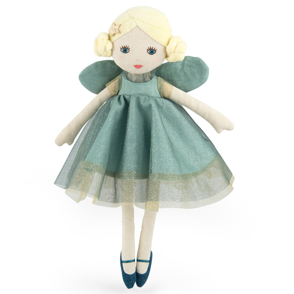 Plush doll with blonde hair, wearing a shimmery teal dress and matching shoes, featuring wings, conveys a whimsical, fairy-like theme.