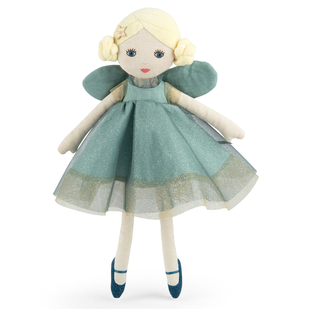 Plush doll with blonde hair, wearing a shimmery teal dress and matching shoes, featuring wings, conveys a whimsical, fairy-like theme.