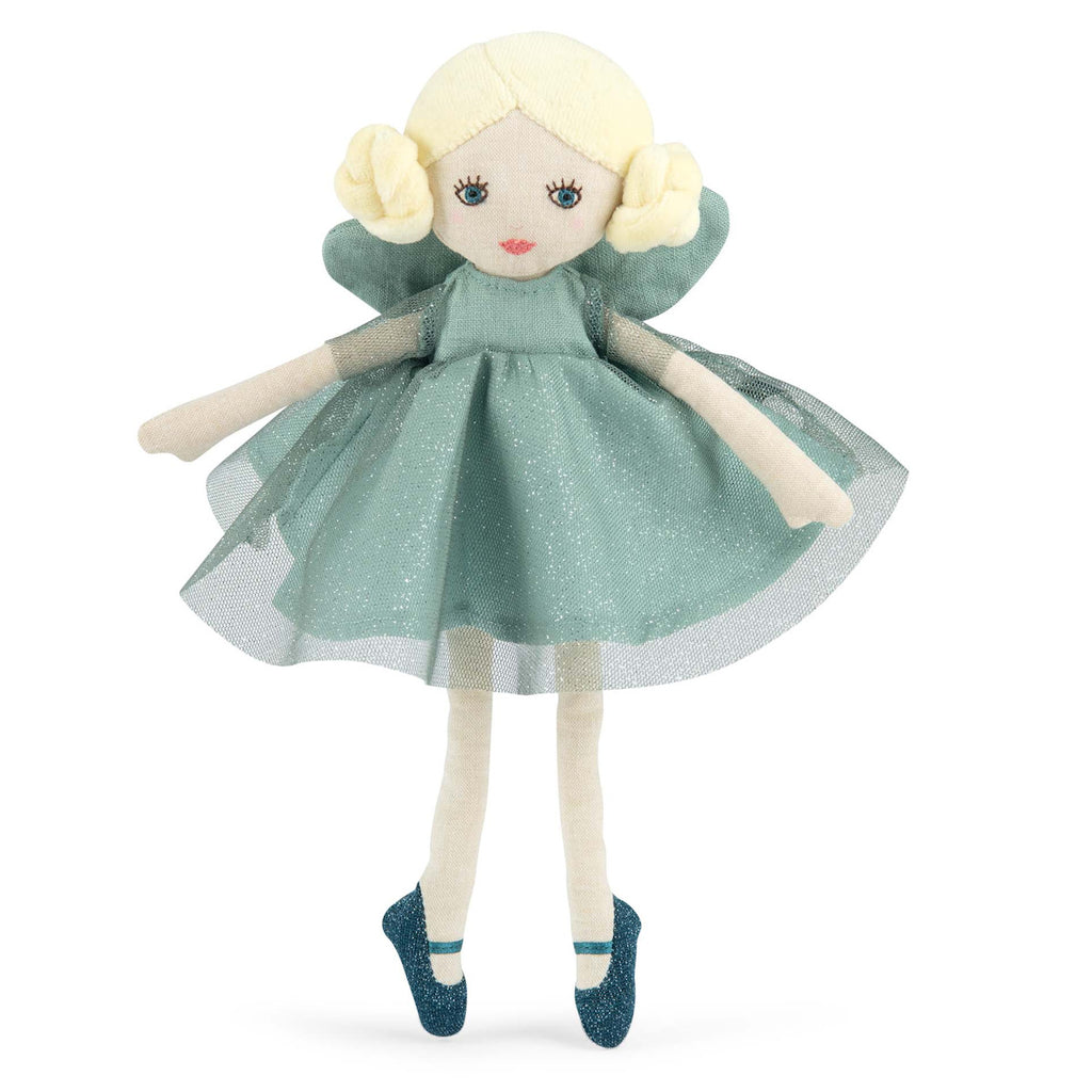 A soft doll with blond hair, wearing a sparkling teal dress and matching shoes. The doll has an elegant, whimsical appearance, evoking a fairy-tale vibe.