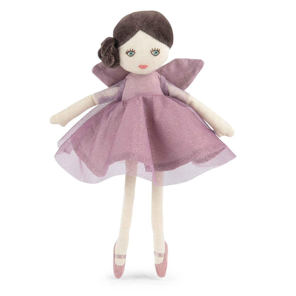 Cloth doll with brown hair in a bun, wearing a purple glittery dress and ballet shoes. The doll has a calm expression and soft wings, conveying a whimsical tone.