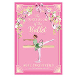 Pink book cover titled "The First Book of the Ballet" by Noel Streatfeild. Features a ballerina at a barre, floral accents, and an elegant, whimsical design.