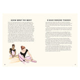 Two pages of text from a book feature an illustration of two young girls in ballet attire. One is adjusting her ballet shoe, conveying focus and preparation.