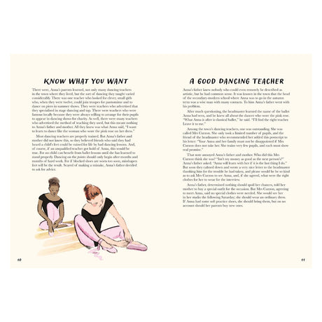 Two pages of text from a book feature an illustration of two young girls in ballet attire. One is adjusting her ballet shoe, conveying focus and preparation.