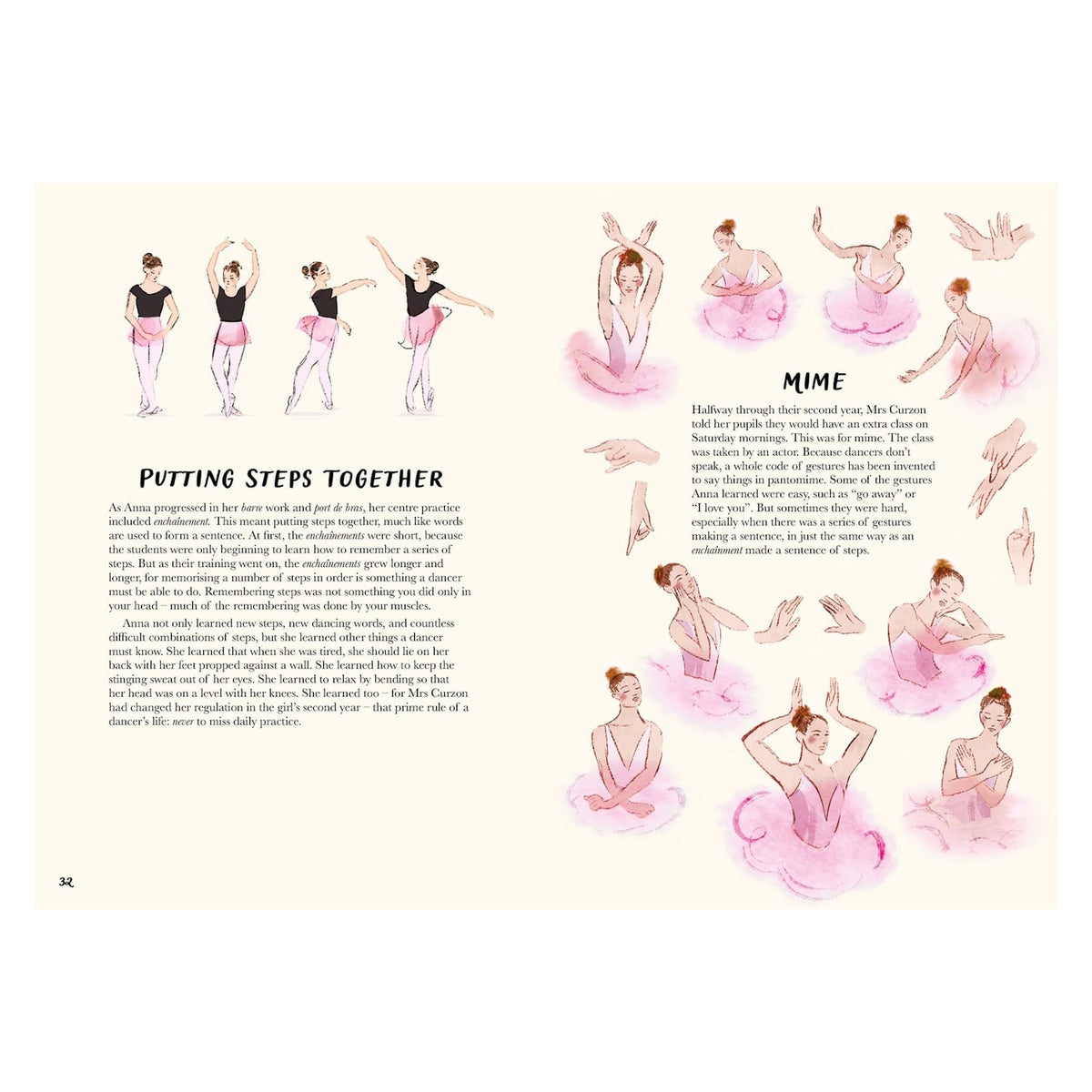 Two-page ballet-themed illustration. Left page shows four dancers in poses labeled "Putting Steps Together" with descriptive text. Right page features multiple dancers in pink tutus, labeled "Mime," amid expressive hand gestures with explanatory text. Soft, elegant, and instructional tone.