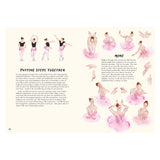 Two-page ballet-themed illustration. Left page shows four dancers in poses labeled "Putting Steps Together" with descriptive text. Right page features multiple dancers in pink tutus, labeled "Mime," amid expressive hand gestures with explanatory text. Soft, elegant, and instructional tone.