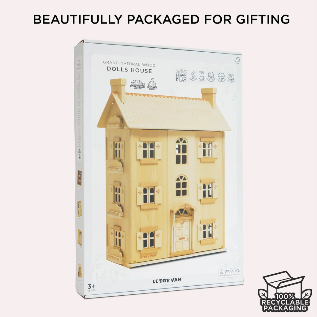 The image shows a packaging box featuring a wooden dollhouse with intricate details. Text reads "Beautifully packaged for gifting" and highlights eco-friendly, recyclable materials.