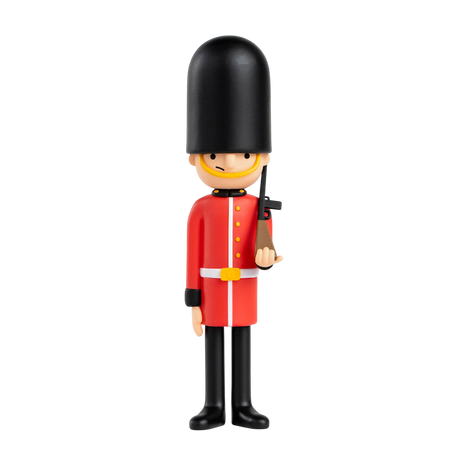 Toy soldier figure styled as a British royal guard in a red uniform and tall black hat, holding a rifle. Stands against a plain white background.