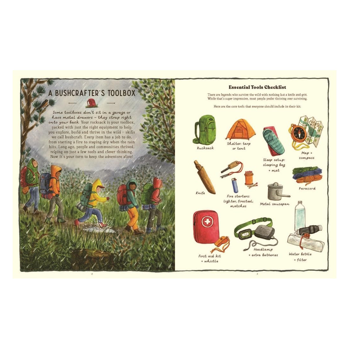 Book spread showing "A Bushcrafter's Toolbox" with hikers in rain and an essential tools checklist with illustrated gear.