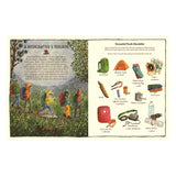 Book spread showing "A Bushcrafter's Toolbox" with hikers in rain and an essential tools checklist with illustrated gear.