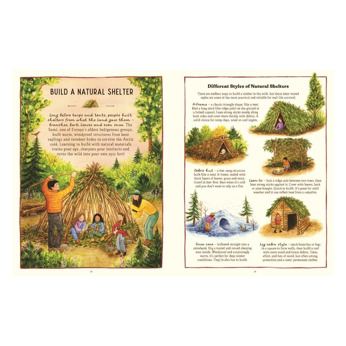Book spread on building natural shelters, showing children constructing a stick shelter and five illustrated shelter styles.