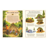 Book spread on building natural shelters, showing children constructing a stick shelter and five illustrated shelter styles.