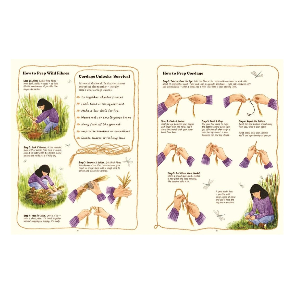 Book spread with illustrated steps on how to prep wild fibres and twist natural cordage for outdoor survival skills.