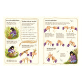 Book spread with illustrated steps on how to prep wild fibres and twist natural cordage for outdoor survival skills.