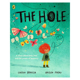 The Hole book cover by Lindsay Bonilla and Brizida Magro, featuring a child with red hair and colorful butterflies.