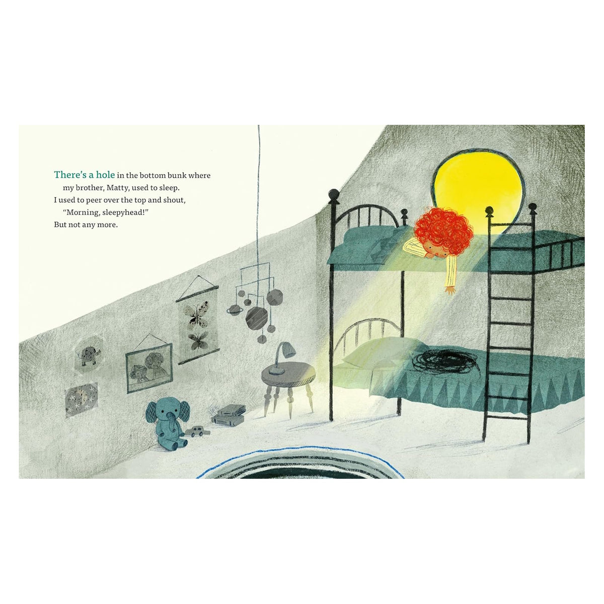 Illustration of a child looking down from a bunk bed at a dark hole on the bottom mattress. Children's book artwork.