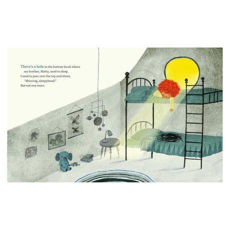 Illustration of a child looking down from a bunk bed at a dark hole on the bottom mattress. Children's book artwork.
