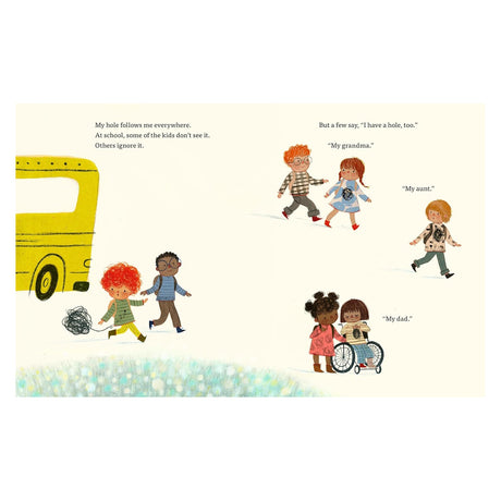 Children's book illustration showing diverse kids with scribbled "holes" on their chests, sharing stories of grief.