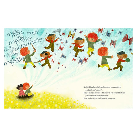 Children's book illustration showing a boy playing as a pirate, dancing with butterflies, and sharing memories.