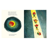 Children's book illustration showing a curly-haired child looking into a dark hole and then falling down a light beam.