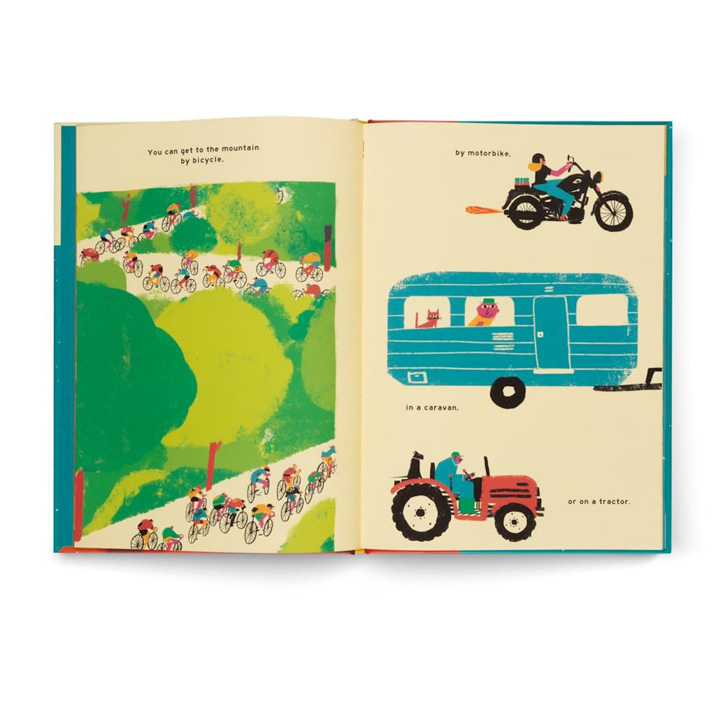 The Mountain hardcover children's book by Little Gestalten, showing a vibrant illustration of a mountain landscape with children hiking, animals, trees, and rocky peaks.