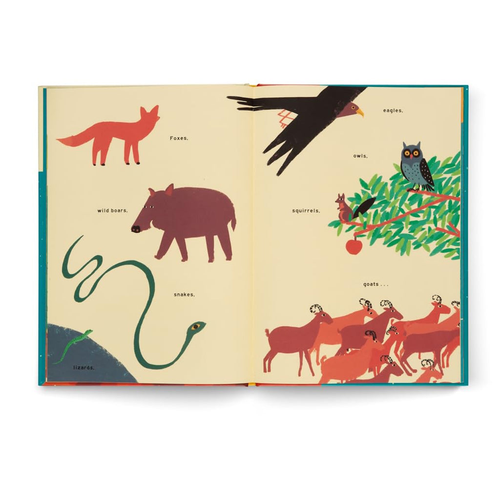The Mountain hardcover children's book by Little Gestalten, showing a vibrant illustration of a mountain landscape with children hiking, animals, trees, and rocky peaks.
