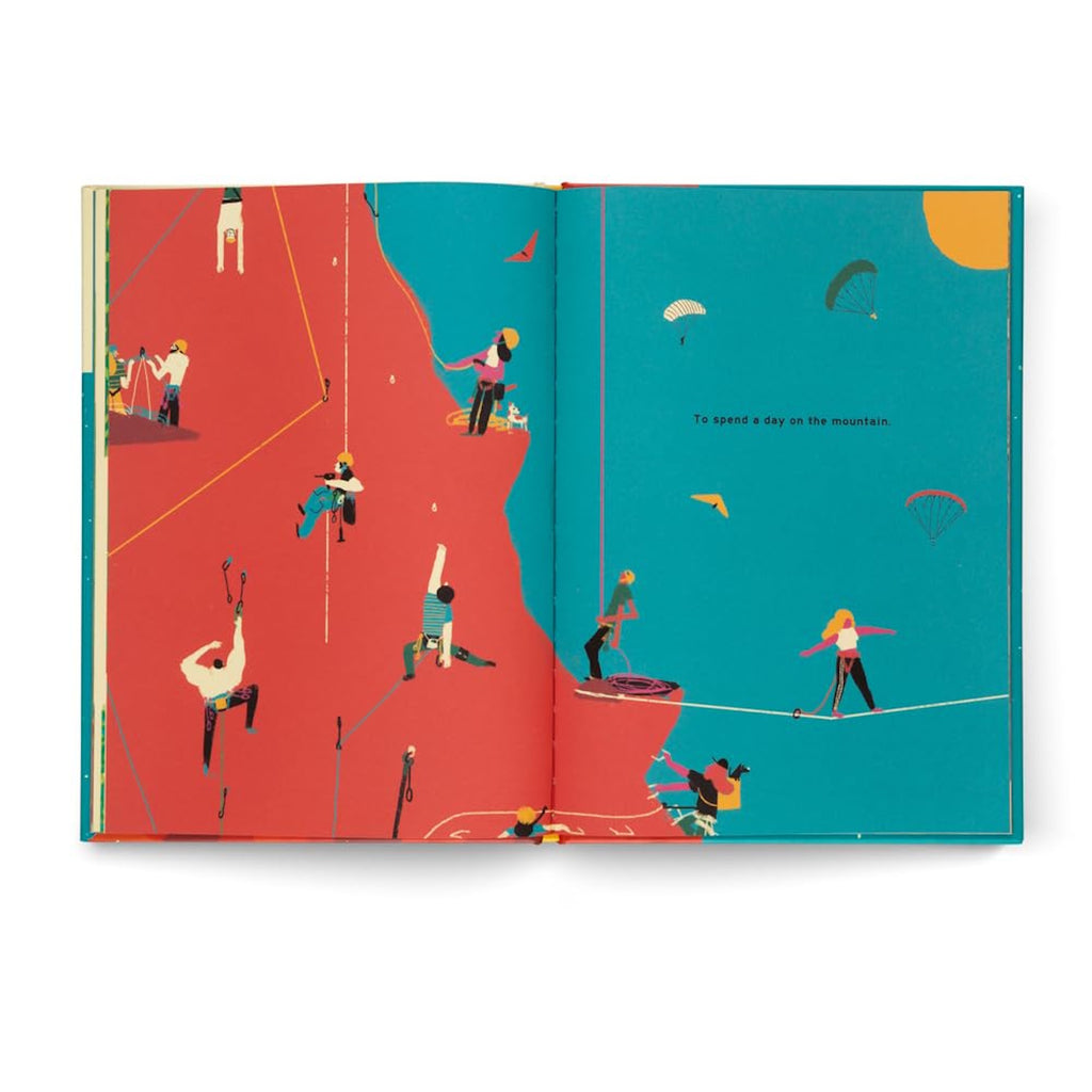 The Mountain hardcover children's book by Little Gestalten, showing a vibrant illustration of a mountain landscape with children hiking, animals, trees, and rocky peaks.