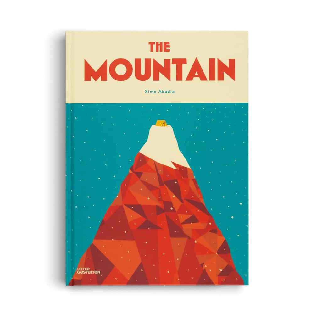 Cover of "The Mountain" by Ximo Abadía, featuring a stylized geometric mountain in red, white peak, against a starry blue sky—modern and adventurous.