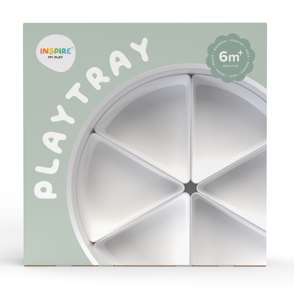 Packaging for "PlayTray" with a circular sectional tray design on a light green background. Text indicates suitability for ages 6 months and up.