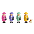 Four toy figures of a woman in colorful outfits and hats, each holding a black handbag. A small brown and white corgi toy sits beside them.