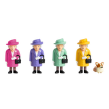 Four toy figures of a woman in colorful outfits and hats, each holding a black handbag. A small brown and white corgi toy sits beside them.