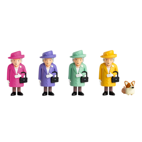 Four toy figures of a woman in colorful outfits and hats, each holding a black handbag. A small brown and white corgi toy sits beside them.