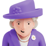 A cartoonish figure wearing a purple hat and coat features a small smile, pearl necklace, and flower brooch, set against a white background.